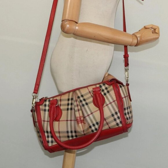 BURBERRY Nova Check Hand Bag PVC 2way Beige Silver Auth 134698